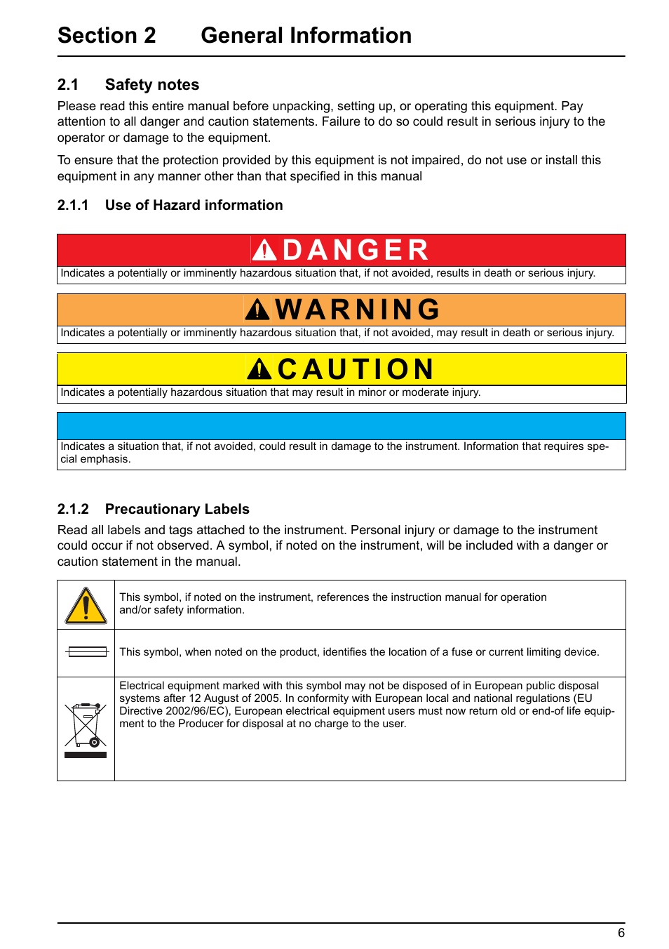 Section 2 general information, 1 safety notes, 1 use of hazard information | 2 precautionary labels | Hach-Lange BIOGAS User Manual User Manual | Page 6 / 55