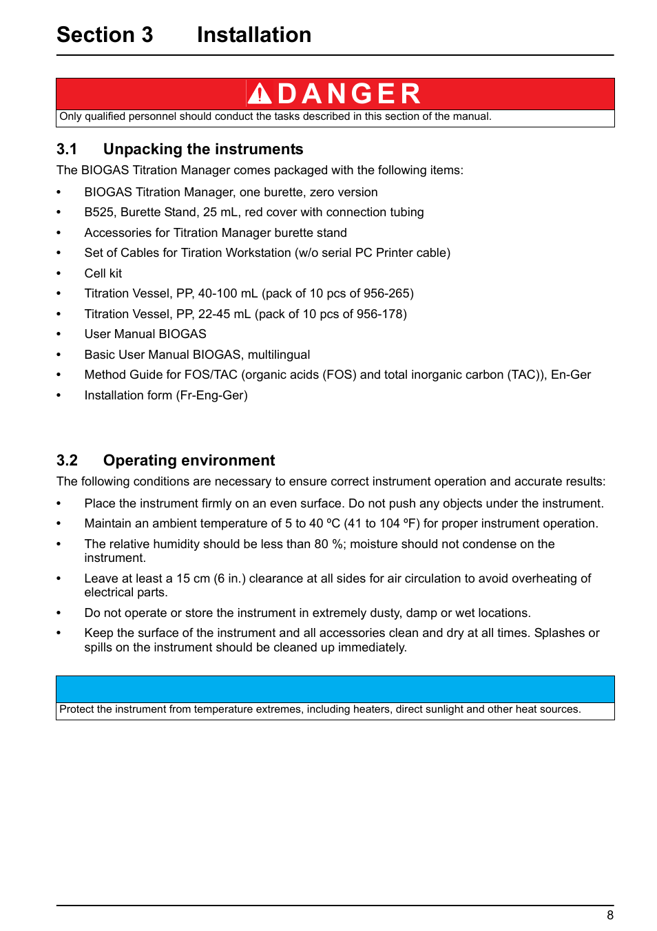 Section 3 installation, 1 unpacking the instruments, 2 operating environment | Hach-Lange BIOGAS User Manual User Manual | Page 8 / 55