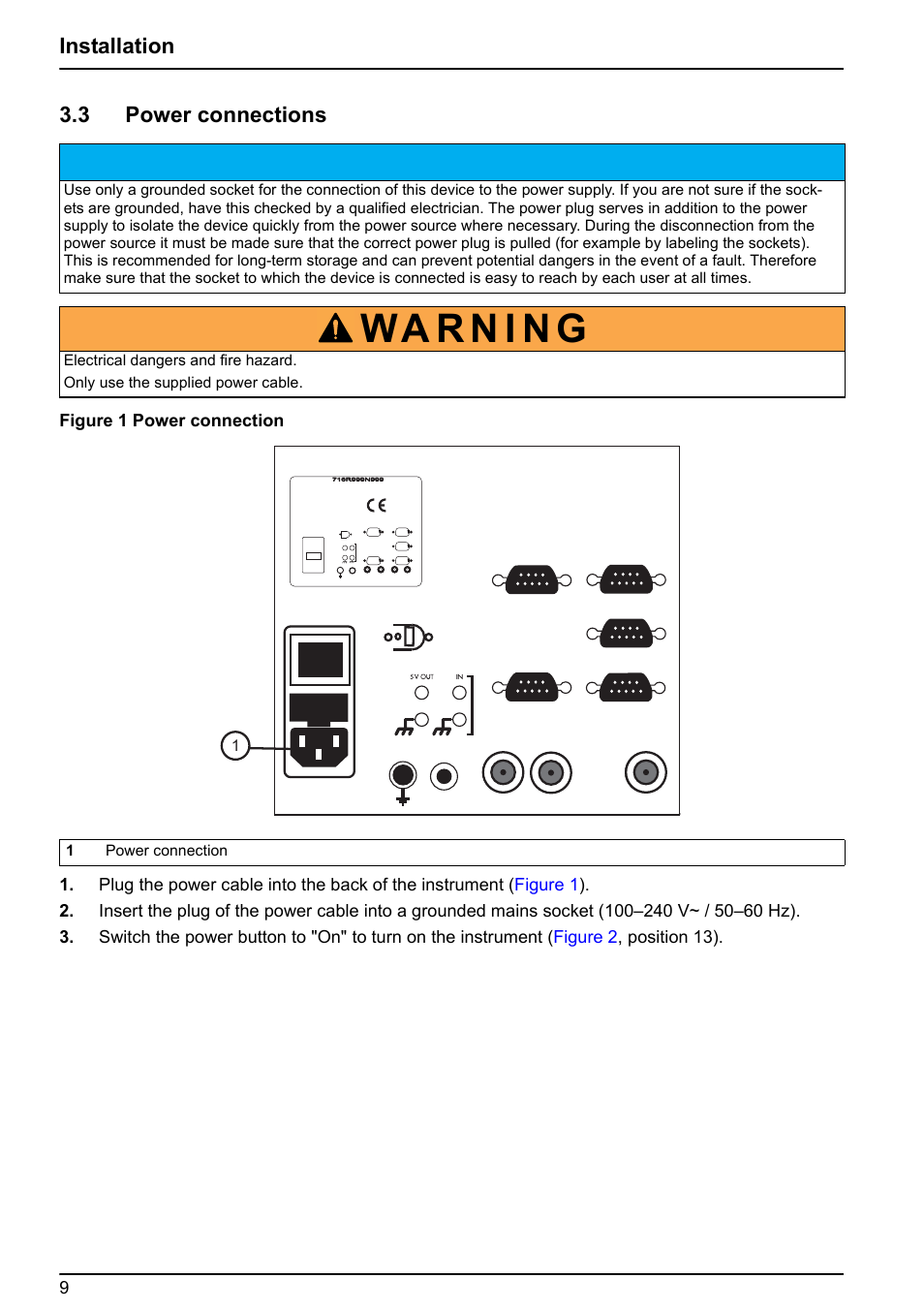 3 power connections, Installation 3.3 power connections | Hach-Lange BIOGAS User Manual User Manual | Page 9 / 55