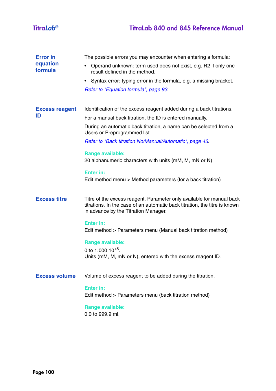 Error in equation formula, Excess reagent id, Excess titre | Excess volume, Titra lab | Hach-Lange TITRALAB 840_845 Reference Manual User Manual | Page 100 / 214