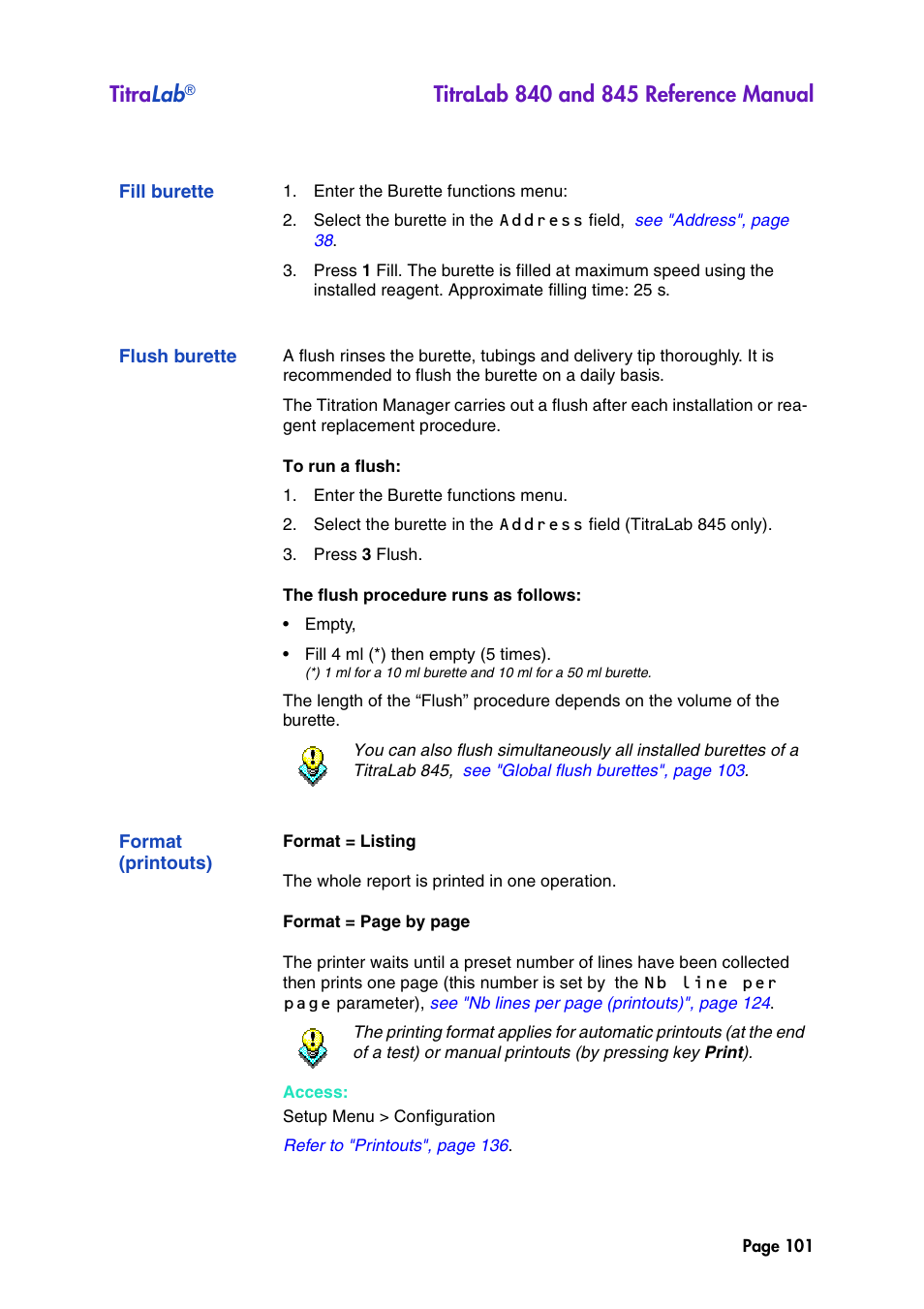 Fill burette, Flush burette, Format (printouts) | Titra lab | Hach-Lange TITRALAB 840_845 Reference Manual User Manual | Page 101 / 214