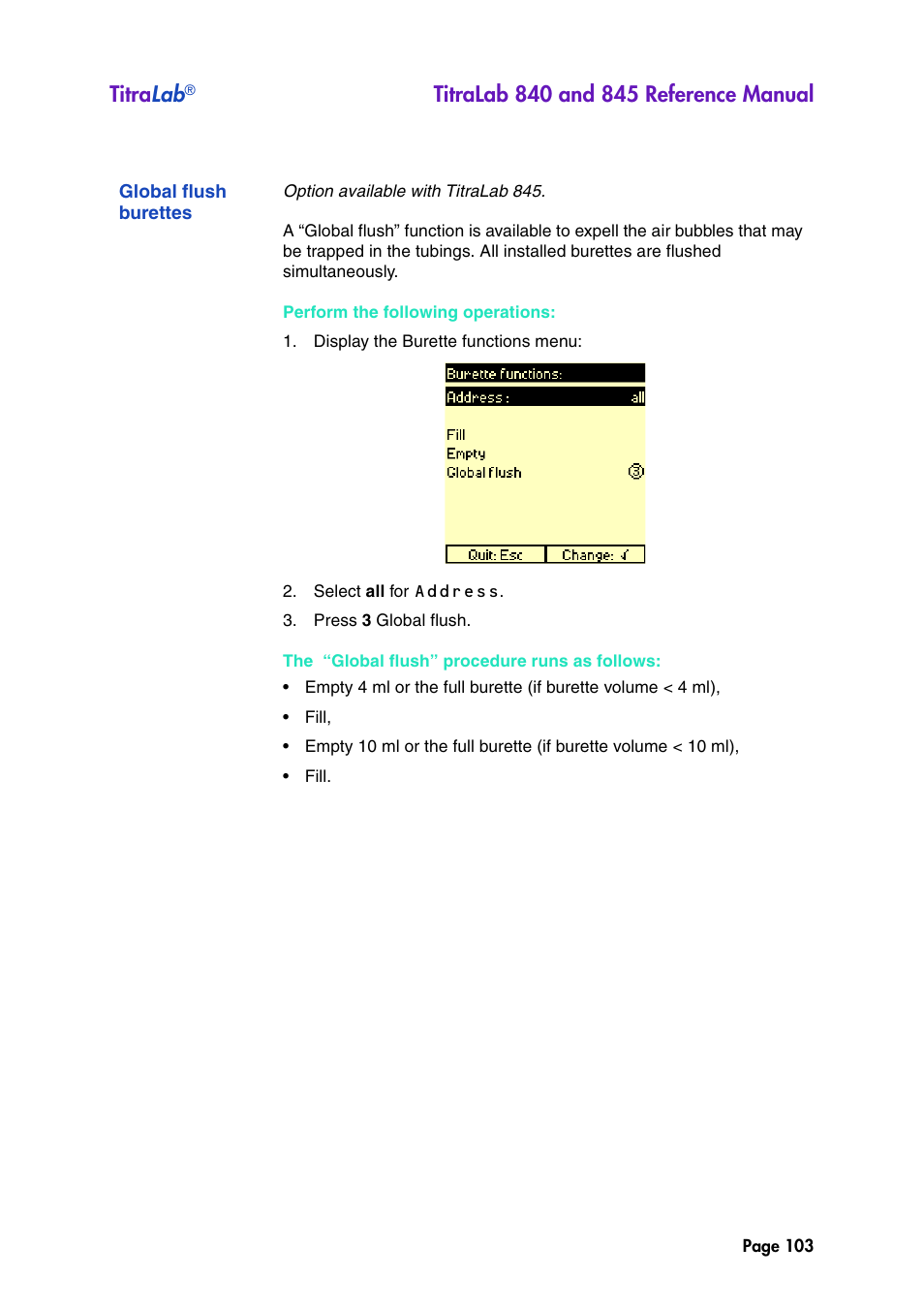 Global flush burettes, Alab 845, Titra lab | Hach-Lange TITRALAB 840_845 Reference Manual User Manual | Page 103 / 214