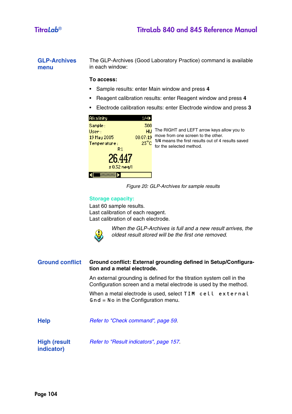 Glp-archives menu, Ground conflict, Help | High (result indicator), See "glp-archives menu, Titra lab | Hach-Lange TITRALAB 840_845 Reference Manual User Manual | Page 104 / 214