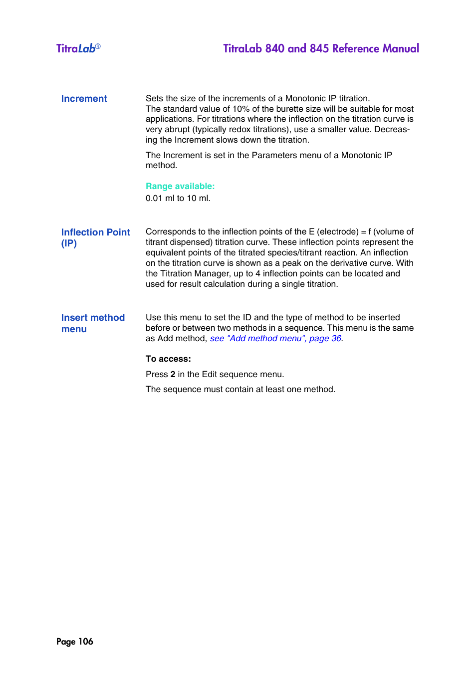 Increment, Inflection point (ip), Insert method menu | Titra lab | Hach-Lange TITRALAB 840_845 Reference Manual User Manual | Page 106 / 214