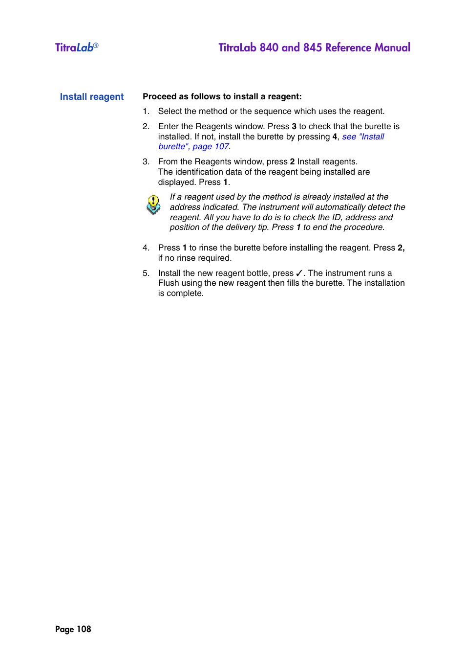 Install reagent, Titra lab | Hach-Lange TITRALAB 840_845 Reference Manual User Manual | Page 108 / 214