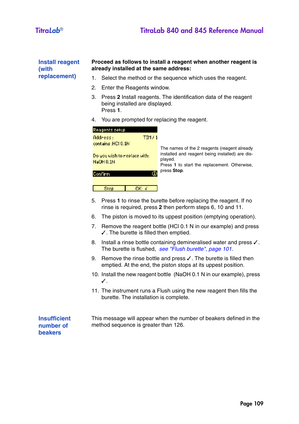 Install reagent (with replacement), Insufficient number of beakers, Titra lab | Hach-Lange TITRALAB 840_845 Reference Manual User Manual | Page 109 / 214