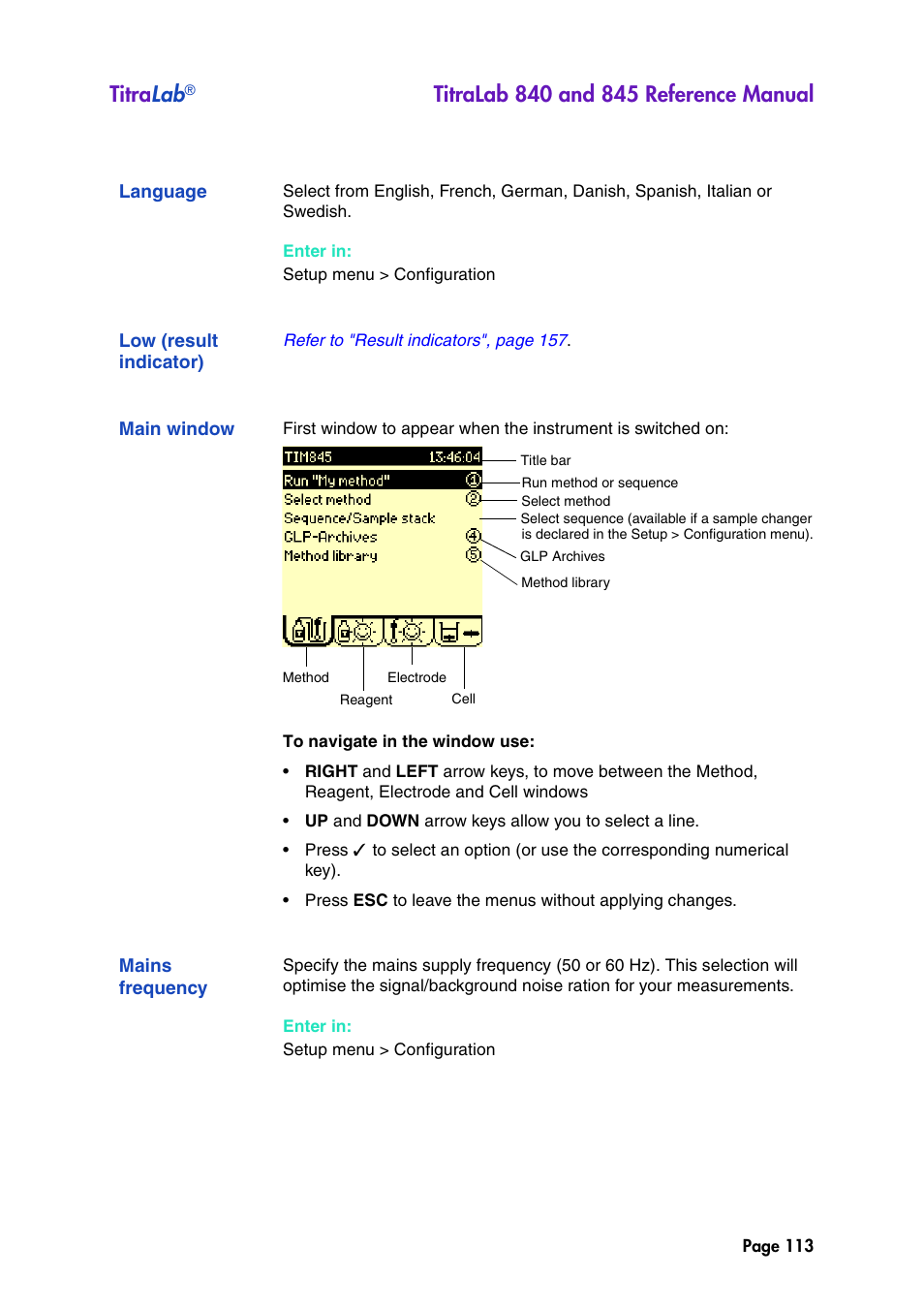 Language, Low (result indicator), Main window | Mains frequency, Titra lab | Hach-Lange TITRALAB 840_845 Reference Manual User Manual | Page 113 / 214