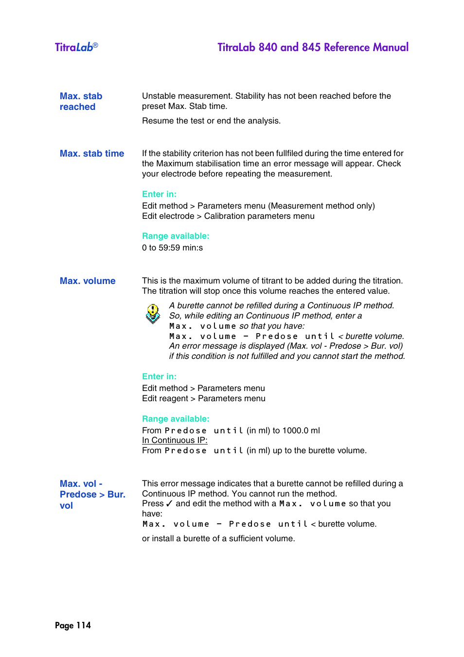 Max. stab reached, Max. stab time, Max. volume | Max. vol - predose > bur. vol, Titra lab | Hach-Lange TITRALAB 840_845 Reference Manual User Manual | Page 114 / 214