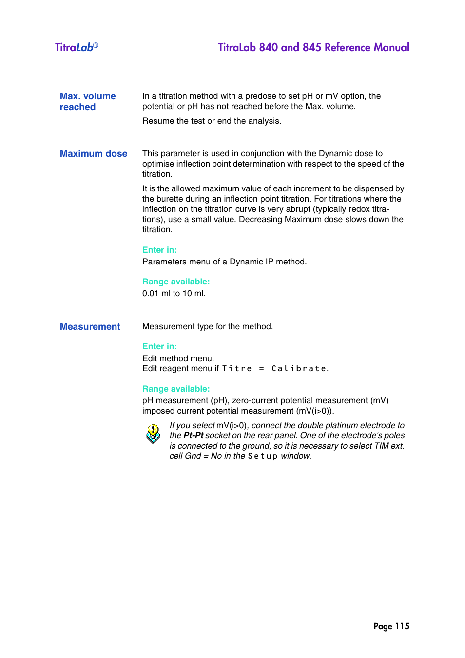 Max. volume reached, Maximum dose, Measurement | Titra lab | Hach-Lange TITRALAB 840_845 Reference Manual User Manual | Page 115 / 214