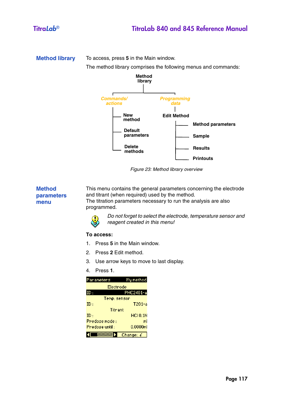 Method library, Method parameters menu, Titra lab | Hach-Lange TITRALAB 840_845 Reference Manual User Manual | Page 117 / 214