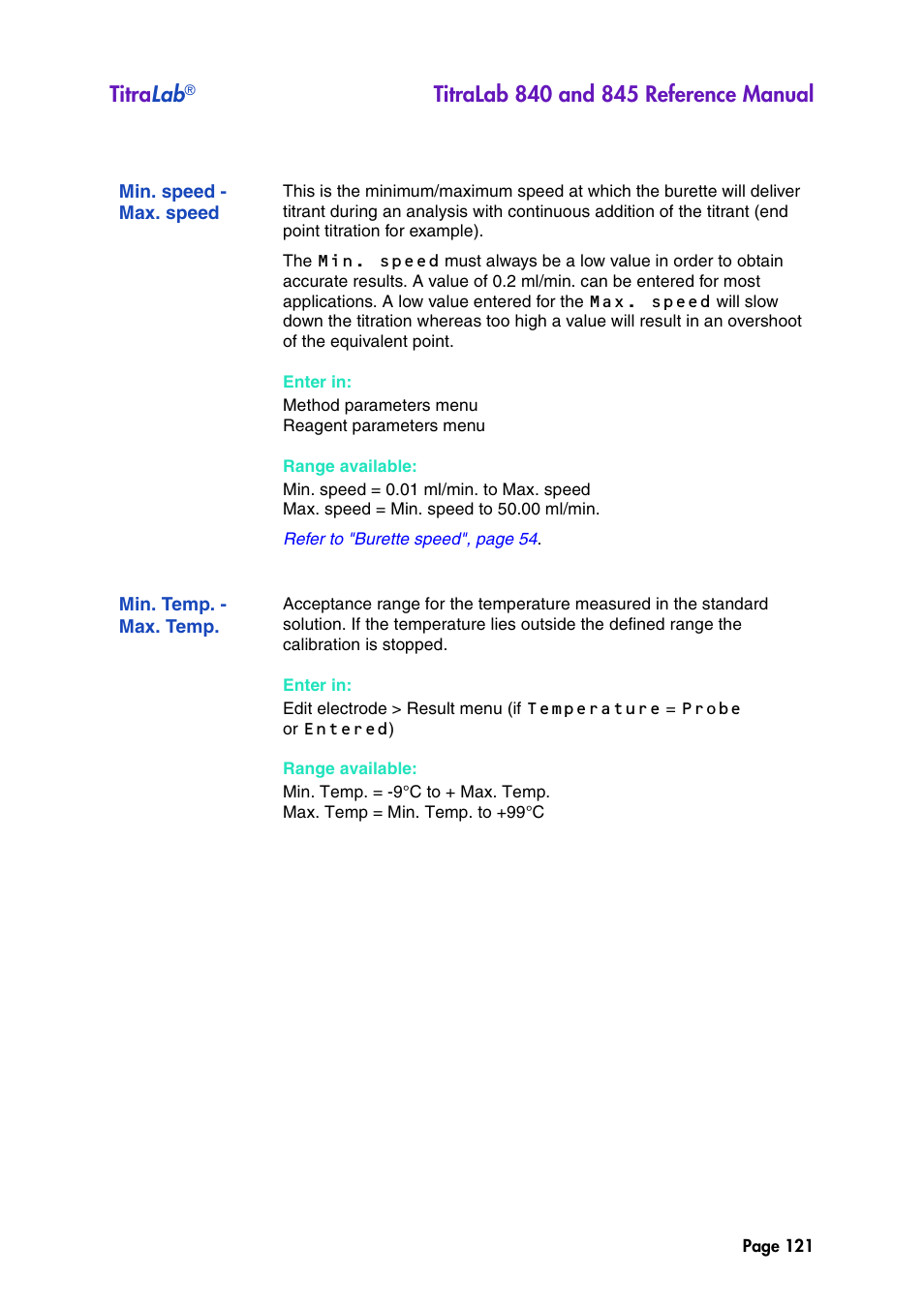 Min. speed - max. speed, Min. temp. - max. temp, Titra lab | Hach-Lange TITRALAB 840_845 Reference Manual User Manual | Page 121 / 214