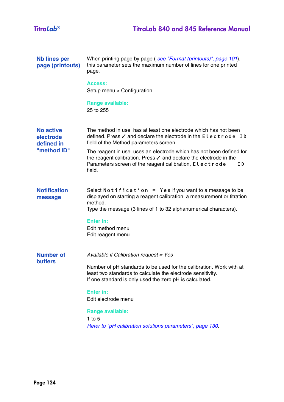 No active electrode defined in "method id, Notification message, Number of buffers | Titra lab | Hach-Lange TITRALAB 840_845 Reference Manual User Manual | Page 124 / 214
