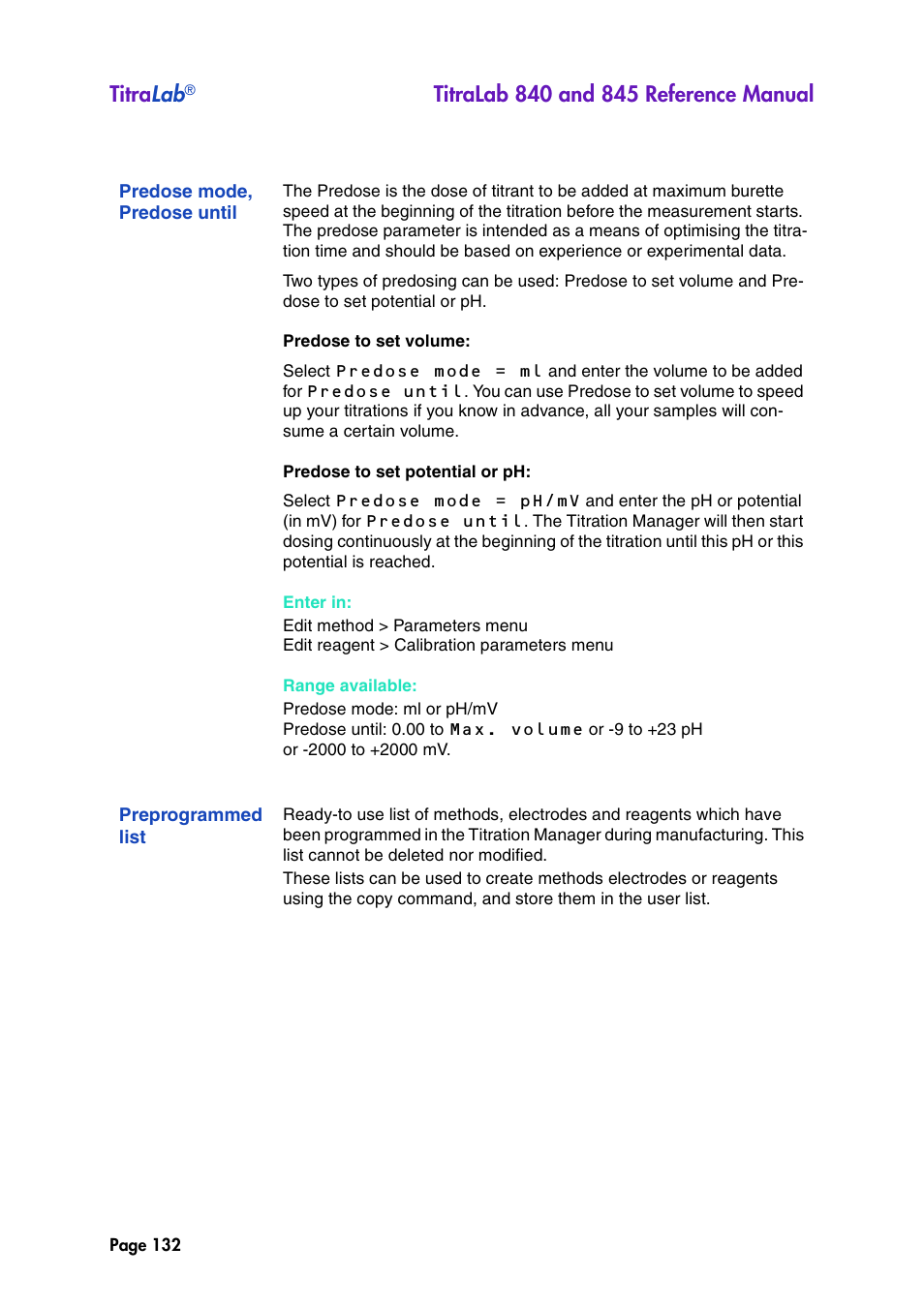 Predose mode, predose until, Preprogrammed list, Titra lab | Hach-Lange TITRALAB 840_845 Reference Manual User Manual | Page 132 / 214