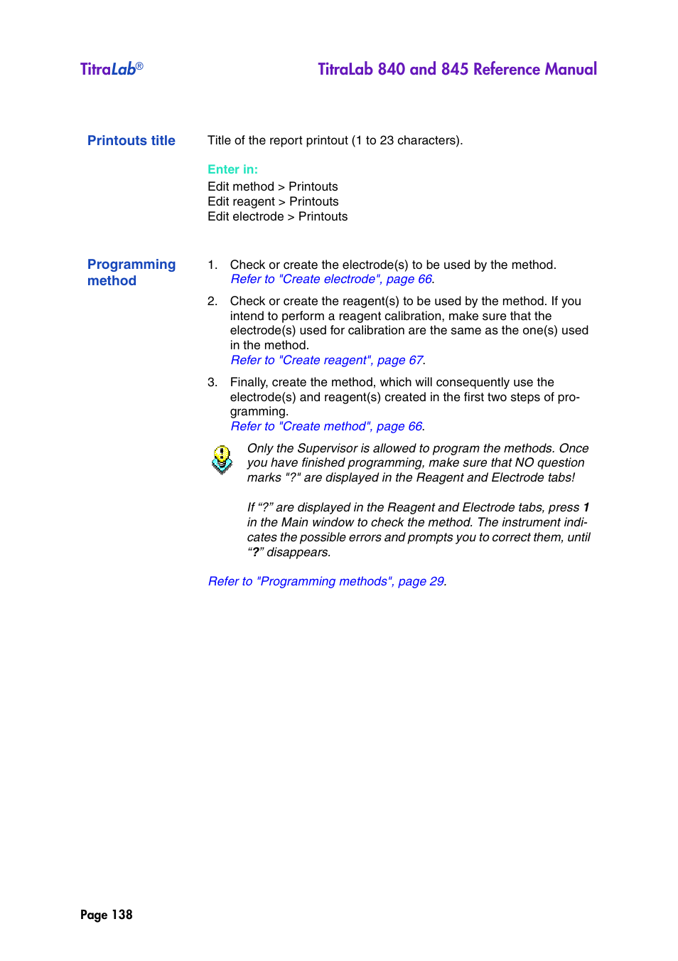 Printouts title, Programming method, Titra lab | Hach-Lange TITRALAB 840_845 Reference Manual User Manual | Page 138 / 214