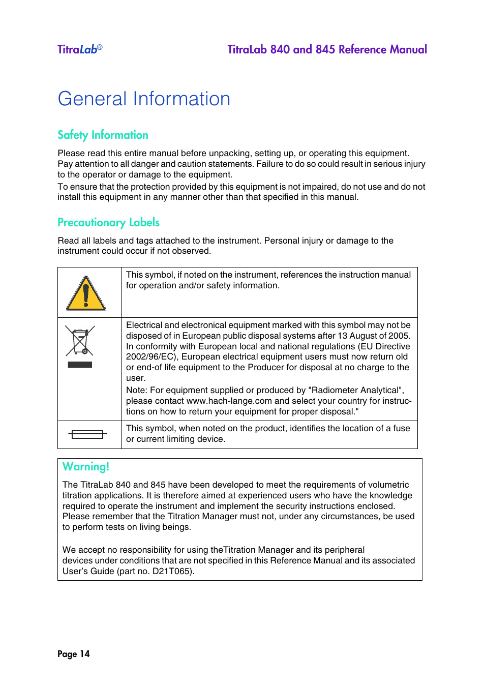 General information | Hach-Lange TITRALAB 840_845 Reference Manual User Manual | Page 14 / 214