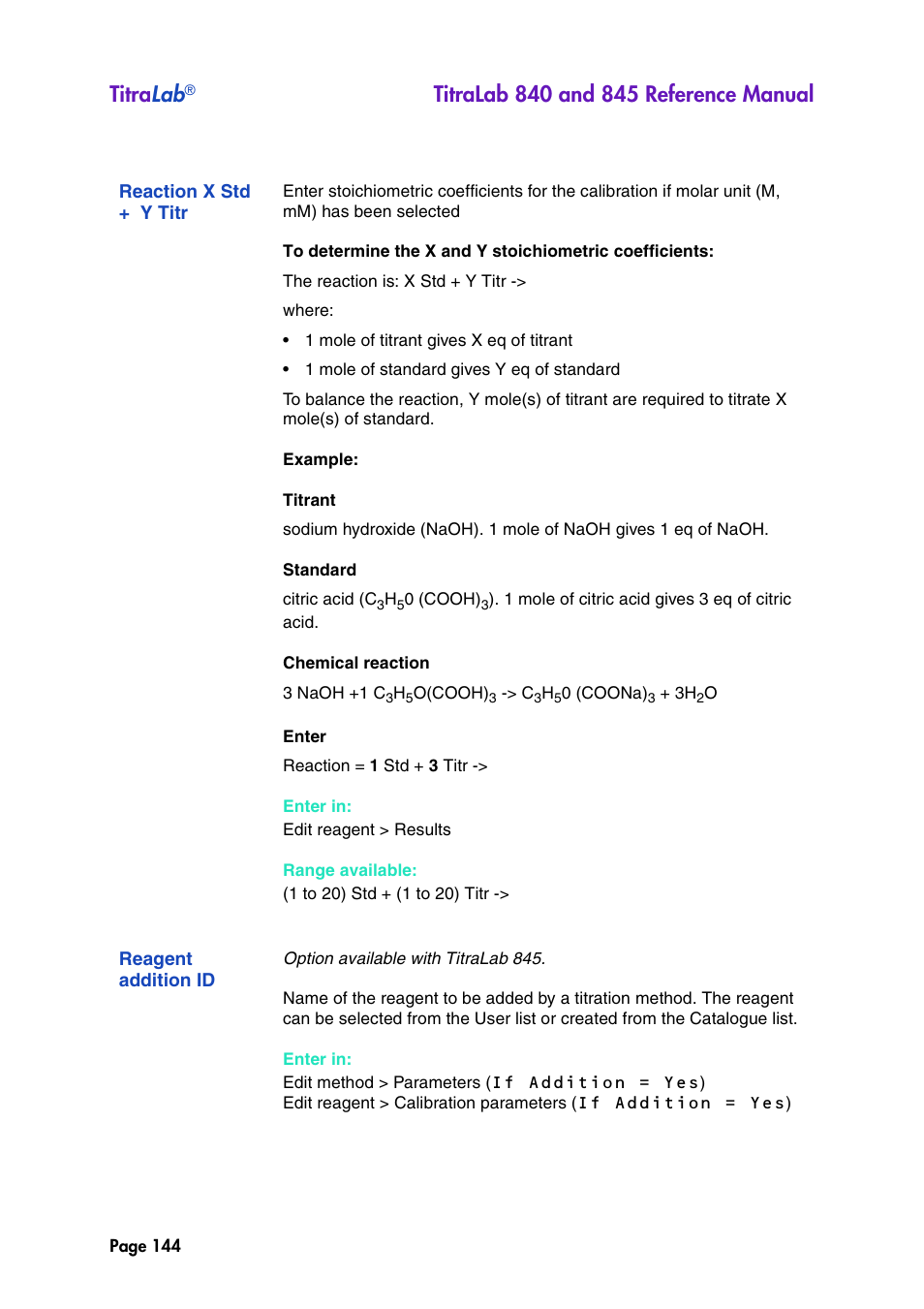 Reaction x std + y titr, Reagent addition id, Titra lab | Hach-Lange TITRALAB 840_845 Reference Manual User Manual | Page 144 / 214