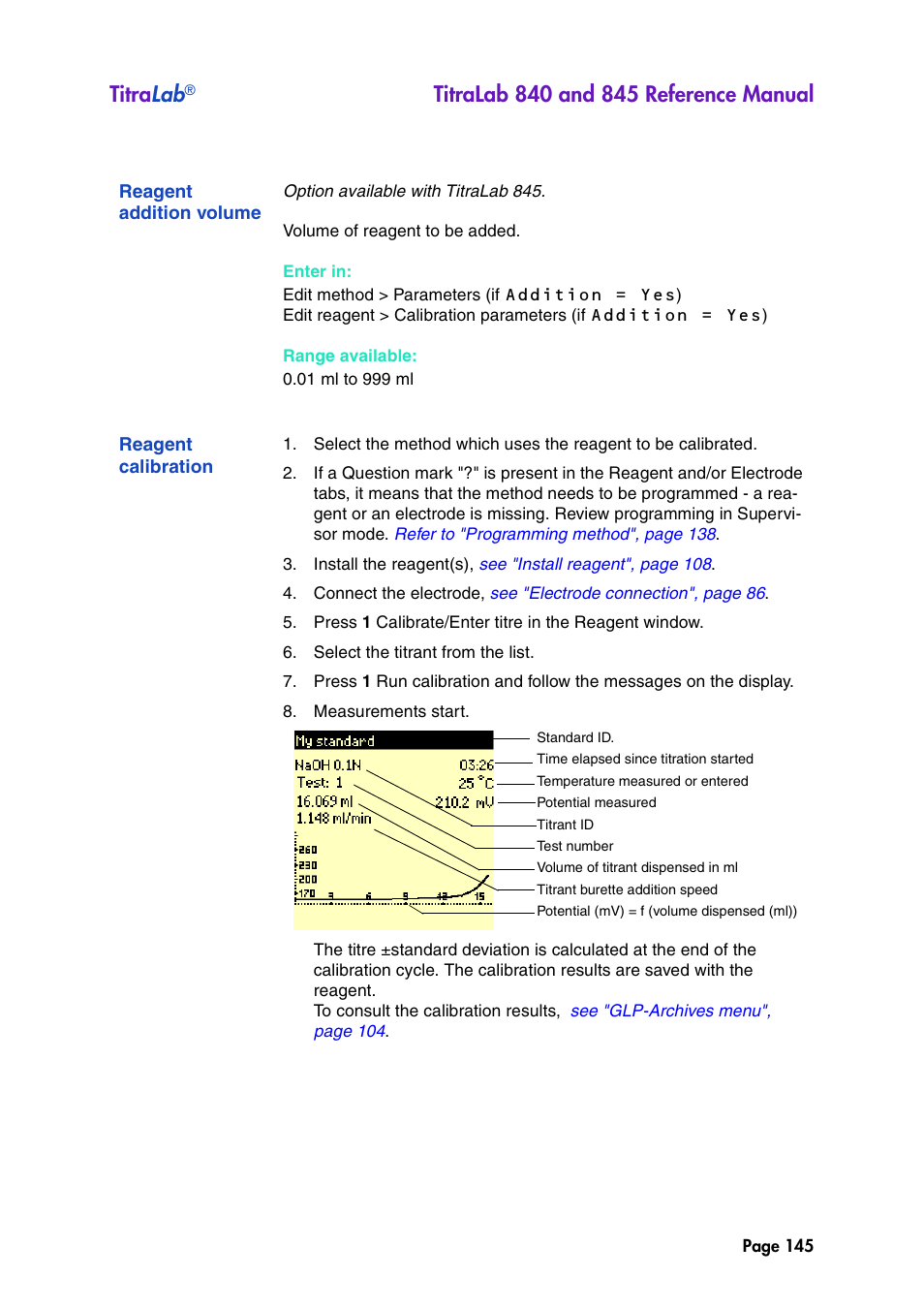 Reagent addition volume, Reagent calibration, Refer to "reagent | Titra lab | Hach-Lange TITRALAB 840_845 Reference Manual User Manual | Page 145 / 214