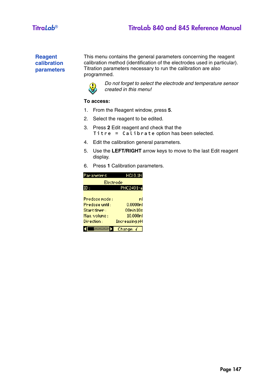 Reagent calibration parameters, See "reagent calibration parame, Titra lab | Hach-Lange TITRALAB 840_845 Reference Manual User Manual | Page 147 / 214
