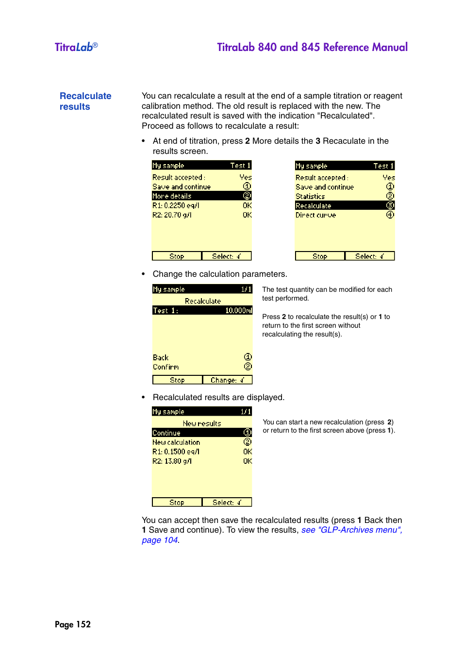 Recalculate results, Titra lab | Hach-Lange TITRALAB 840_845 Reference Manual User Manual | Page 152 / 214