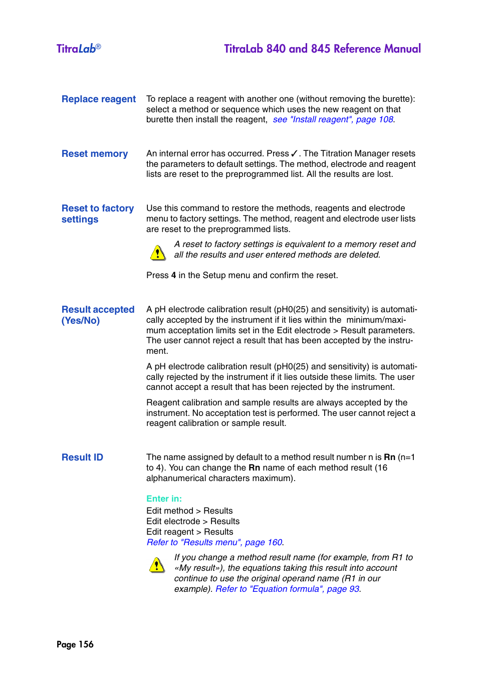 Replace reagent, Reset memory, Reset to factory settings | Result accepted (yes/no), Result id, Titra lab | Hach-Lange TITRALAB 840_845 Reference Manual User Manual | Page 156 / 214