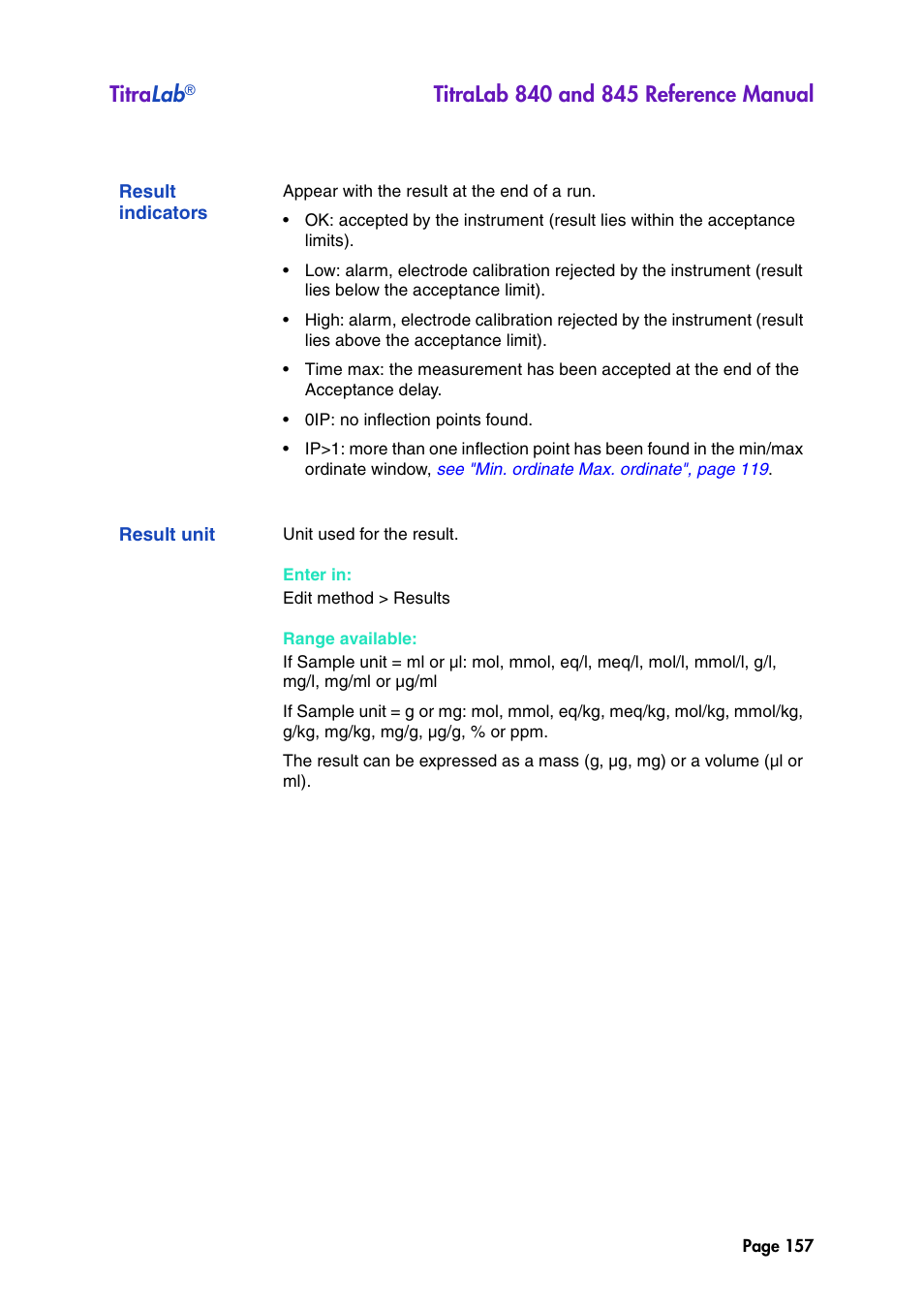 Result indicators, Result unit, Titra lab | Hach-Lange TITRALAB 840_845 Reference Manual User Manual | Page 157 / 214
