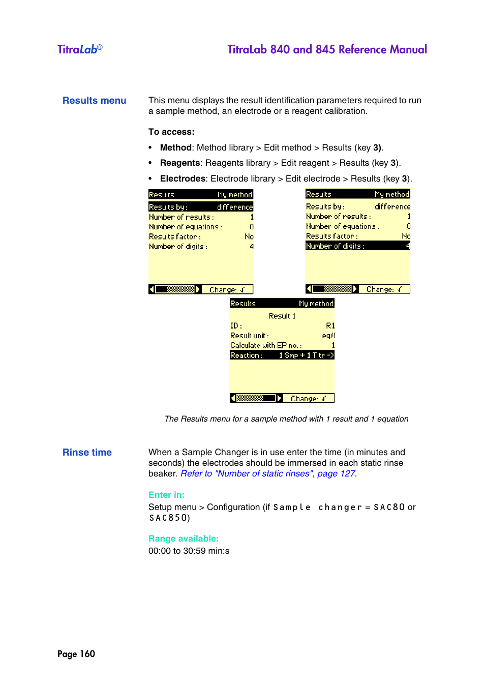 Results menu, Rinse time, Titra lab | Hach-Lange TITRALAB 840_845 Reference Manual User Manual | Page 160 / 214