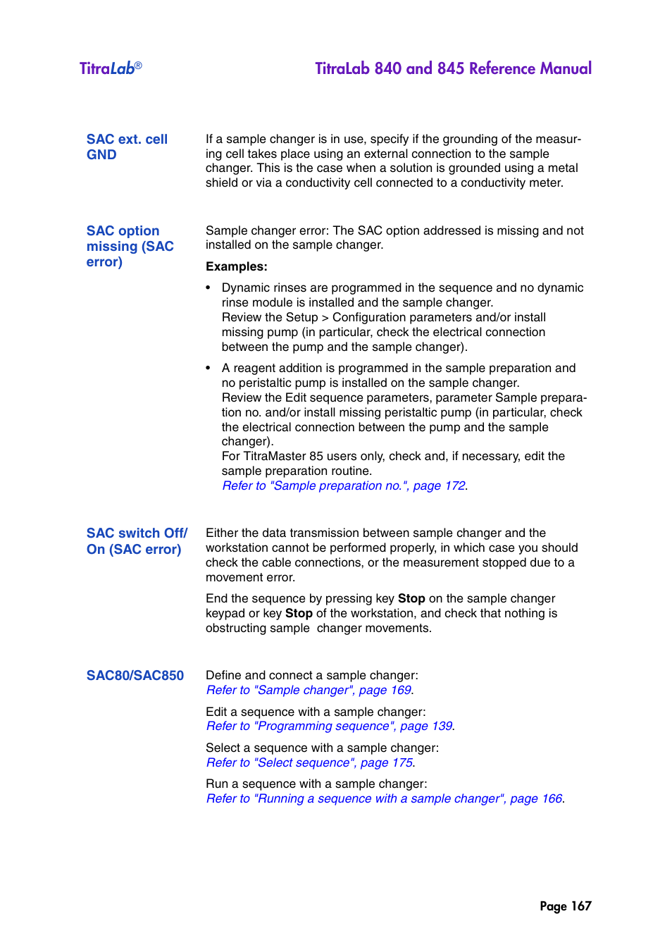 Sac ext. cell gnd, Sac option missing (sac error), Sac switch off/ on (sac error) | Sac80/sac850, Sac switch off/on (sac error), Titra lab | Hach-Lange TITRALAB 840_845 Reference Manual User Manual | Page 167 / 214