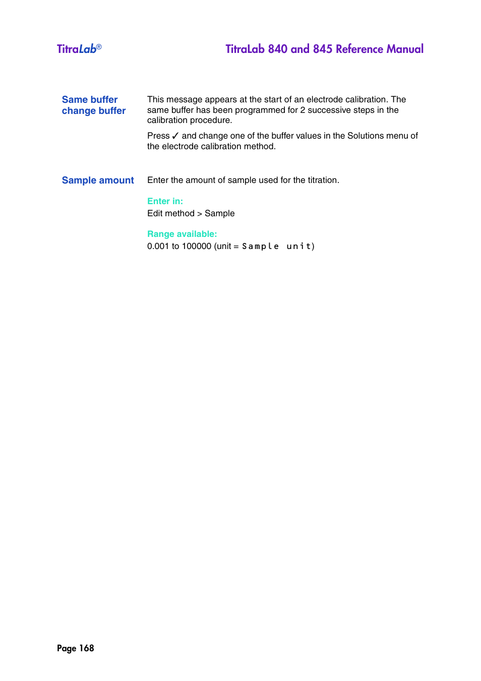 Same buffer change buffer, Sample amount, Titra lab | Hach-Lange TITRALAB 840_845 Reference Manual User Manual | Page 168 / 214