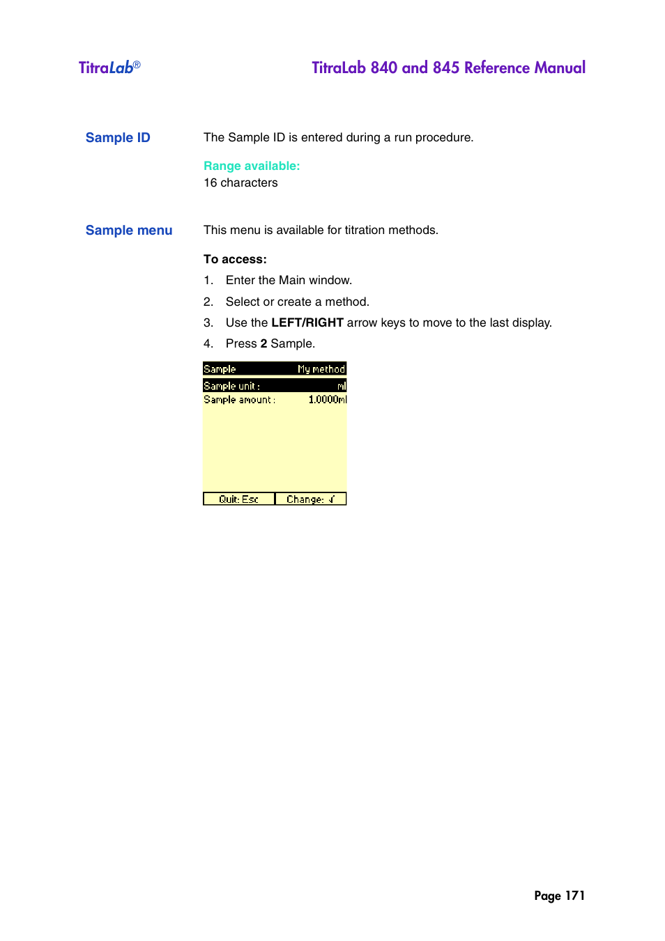 Sample id, Sample menu, Titra lab | Hach-Lange TITRALAB 840_845 Reference Manual User Manual | Page 171 / 214