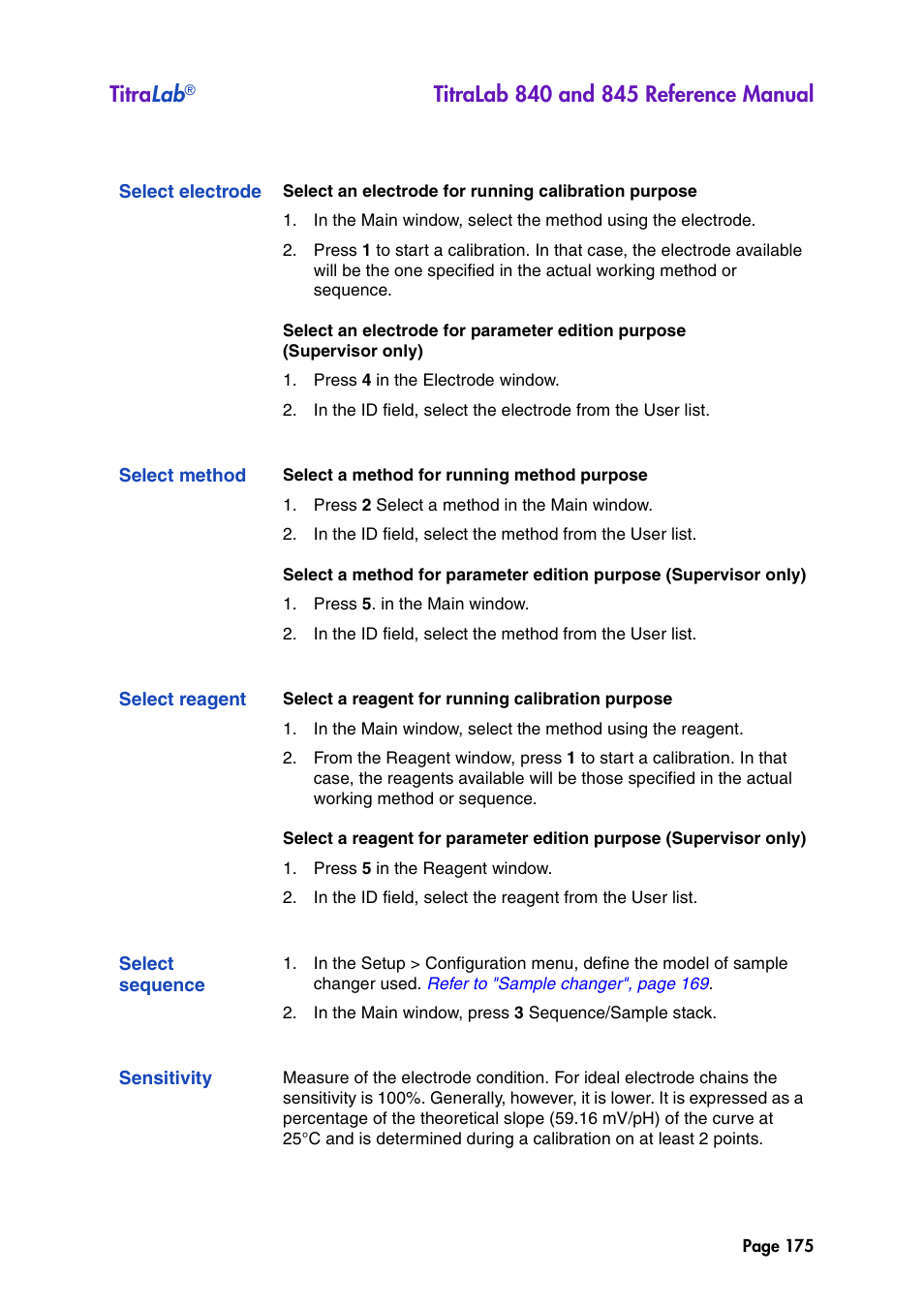 Select electrode, Select method, Select reagent | Select sequence, Sensitivity, Titra lab | Hach-Lange TITRALAB 840_845 Reference Manual User Manual | Page 175 / 214