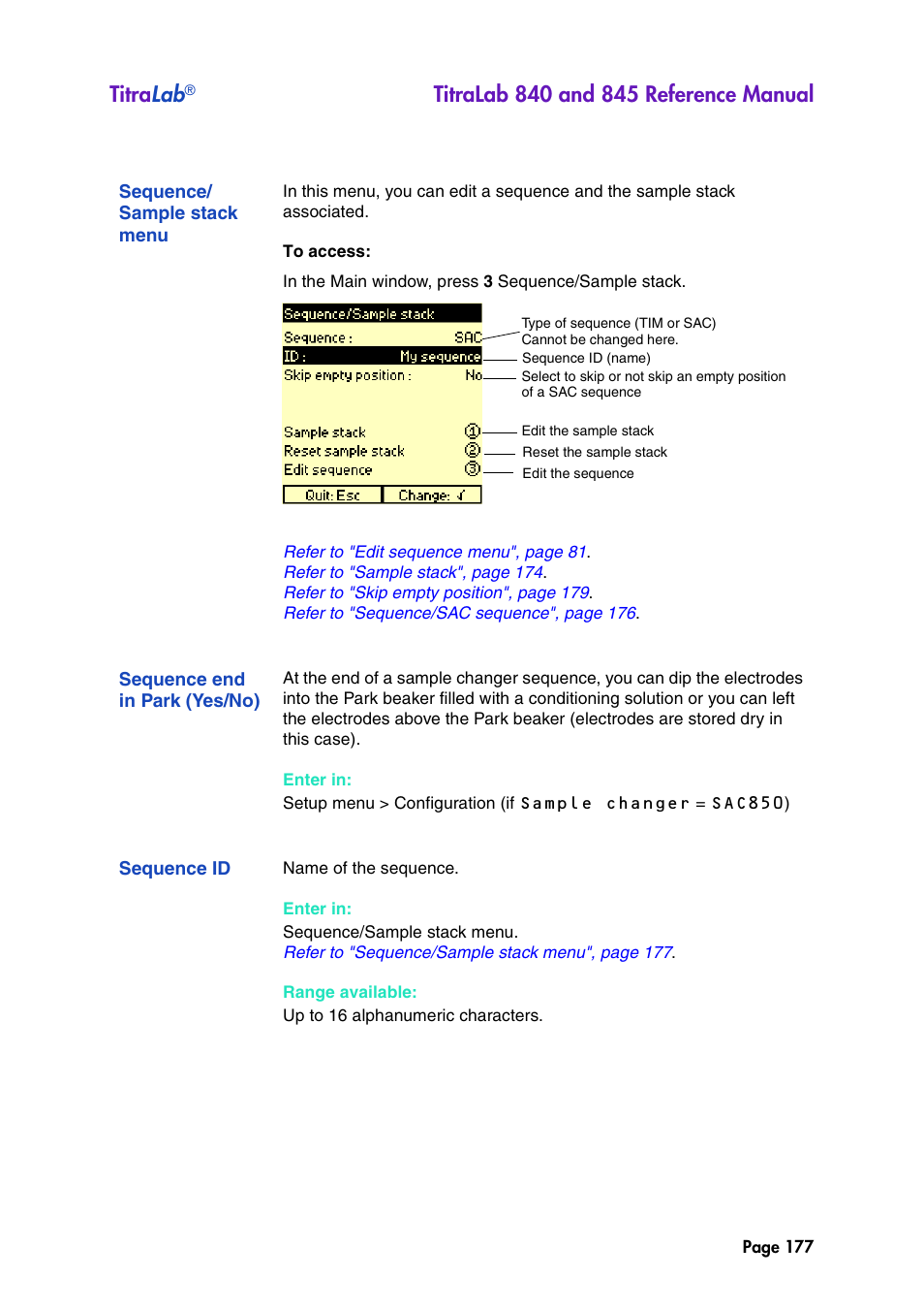 Sequence/ sample stack menu, Sequence end in park (yes/no), Sequence id | Sequence/sample stack menu, Titra lab | Hach-Lange TITRALAB 840_845 Reference Manual User Manual | Page 177 / 214