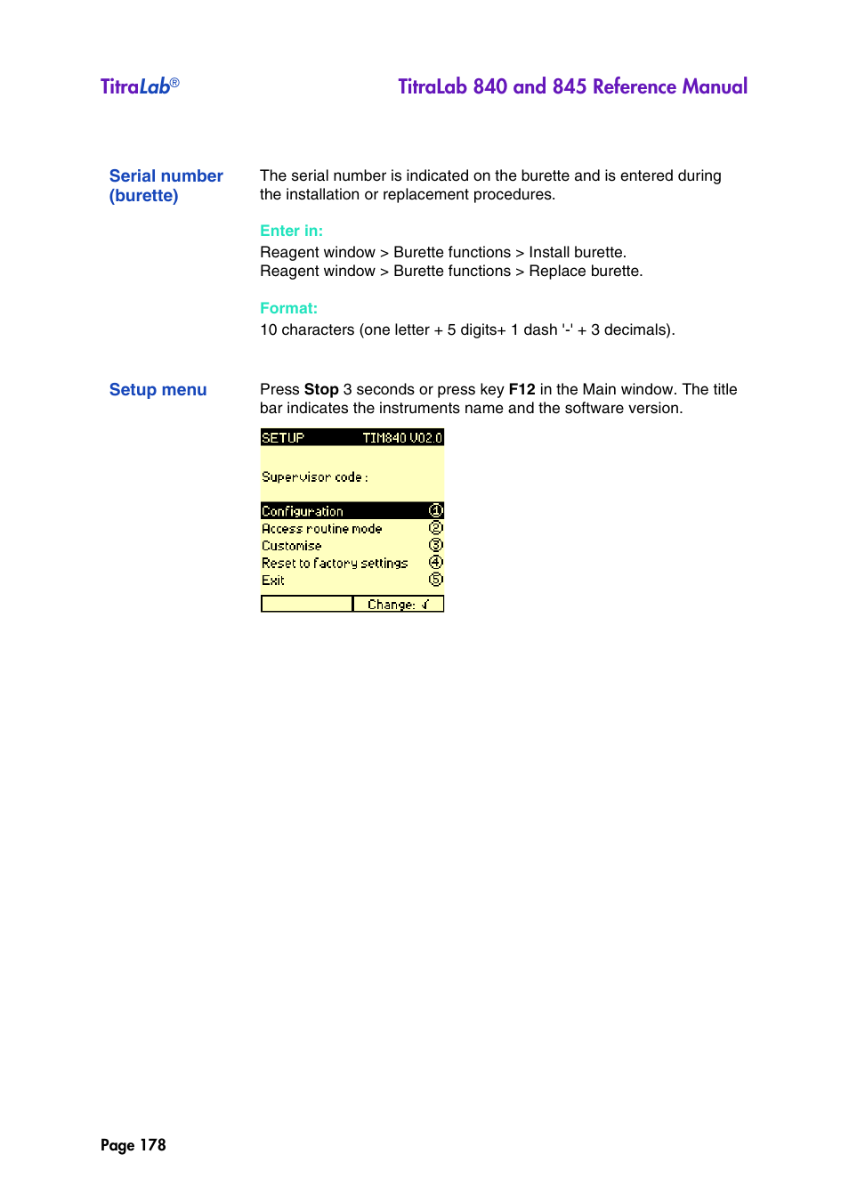 Serial number (burette), Setup menu, Titra lab | Hach-Lange TITRALAB 840_845 Reference Manual User Manual | Page 178 / 214