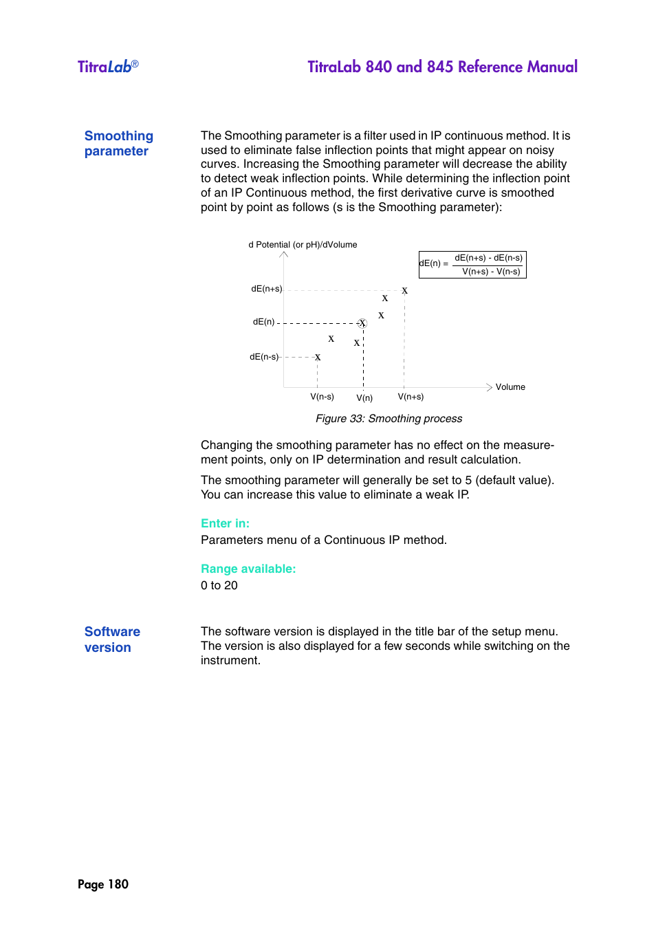 Smoothing parameter, Software version, Titra lab | Hach-Lange TITRALAB 840_845 Reference Manual User Manual | Page 180 / 214