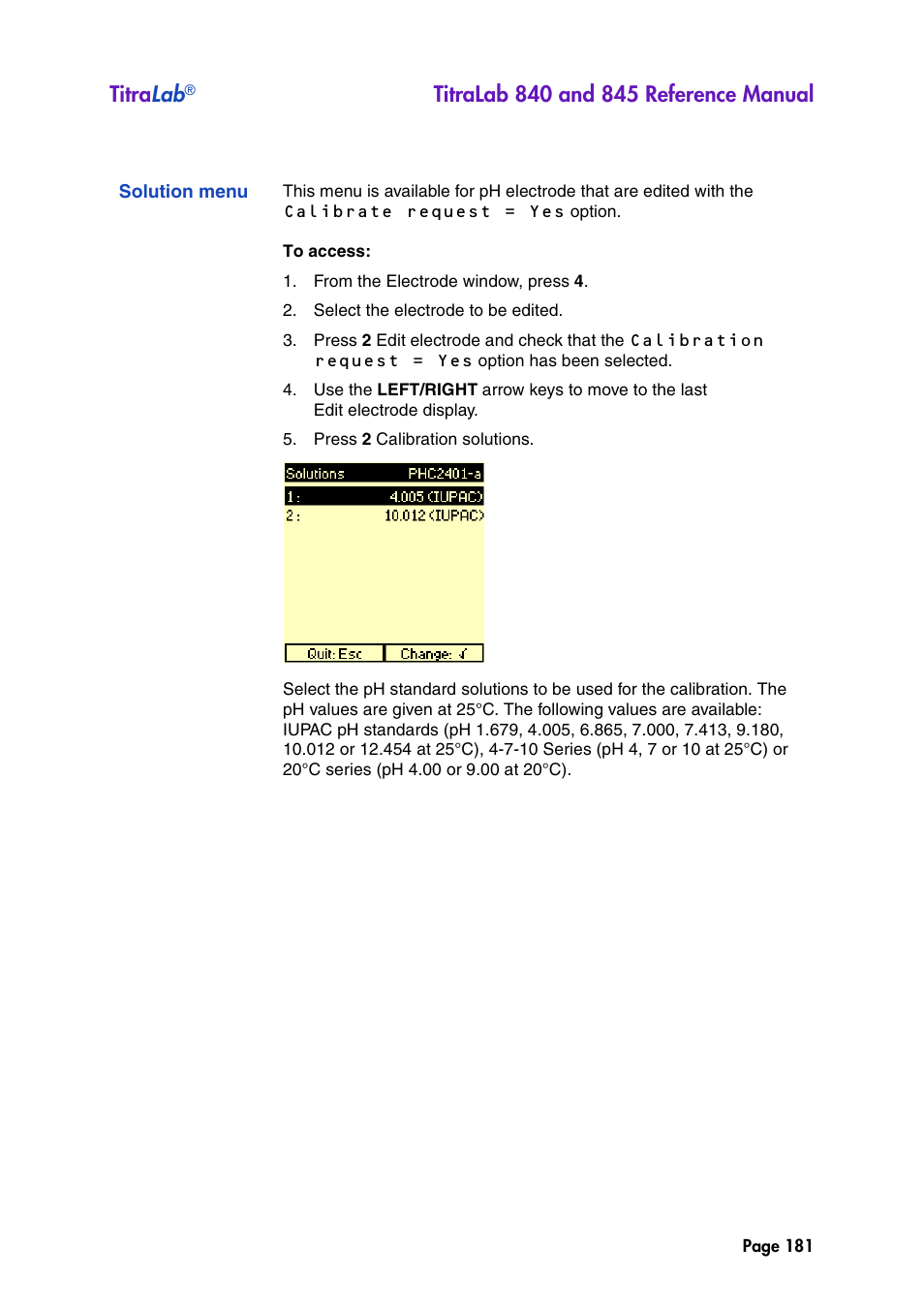 Solution menu, Titra lab | Hach-Lange TITRALAB 840_845 Reference Manual User Manual | Page 181 / 214