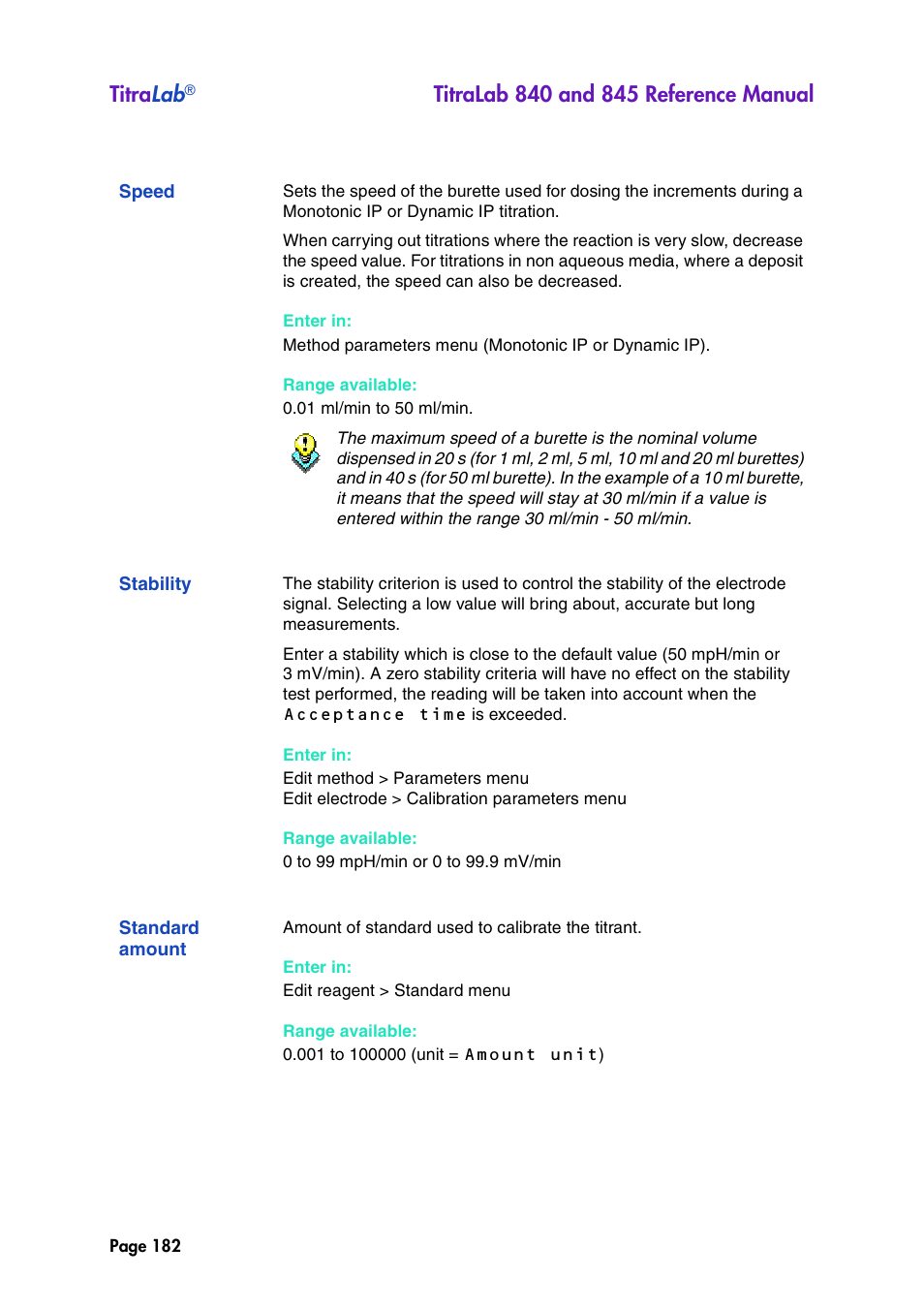 Speed, Stability, Standard amount | Titra lab | Hach-Lange TITRALAB 840_845 Reference Manual User Manual | Page 182 / 214