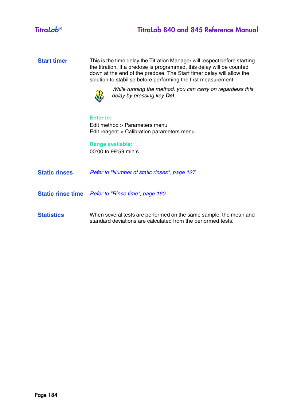 Start timer, Static rinses, Static rinse time | Statistics, Titra lab | Hach-Lange TITRALAB 840_845 Reference Manual User Manual | Page 184 / 214