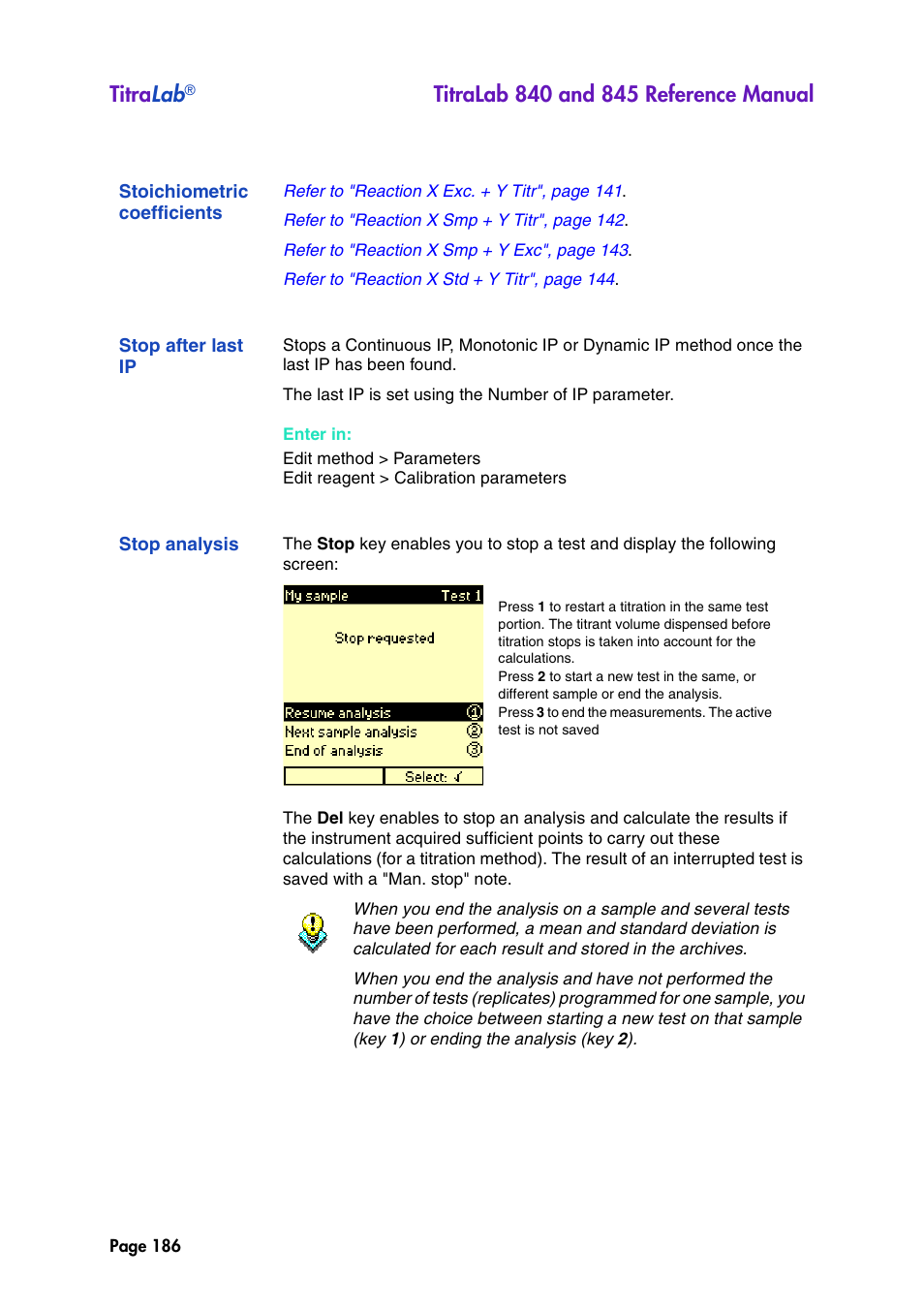 Stoichiometric coefficients, Stop after last ip, Stop analysis | Titra lab | Hach-Lange TITRALAB 840_845 Reference Manual User Manual | Page 186 / 214