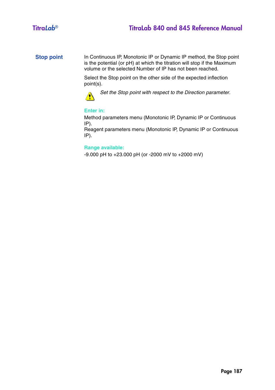 Stop point, Titra lab | Hach-Lange TITRALAB 840_845 Reference Manual User Manual | Page 187 / 214