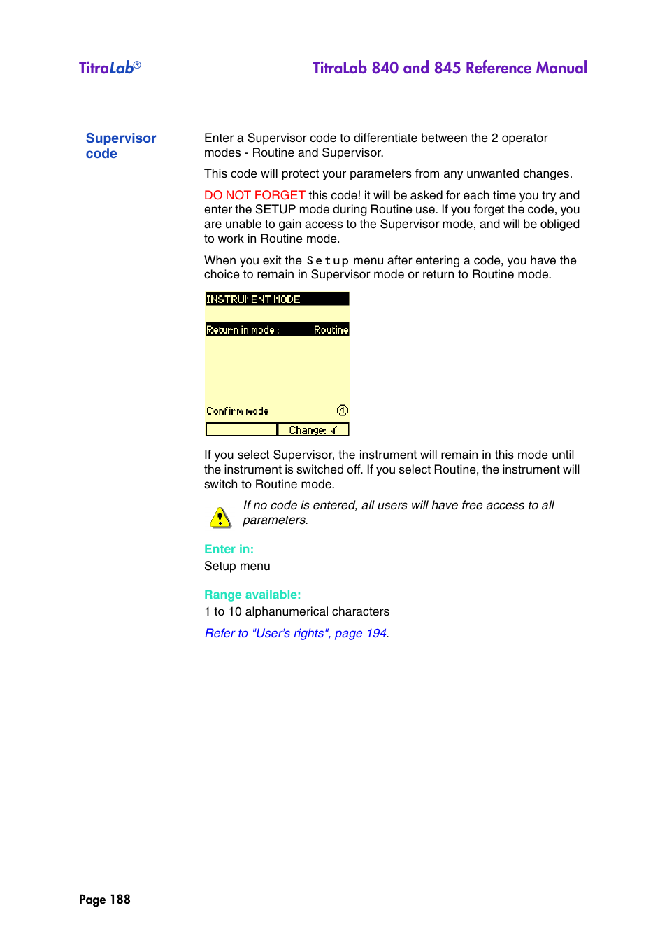 Supervisor code, Titra lab | Hach-Lange TITRALAB 840_845 Reference Manual User Manual | Page 188 / 214