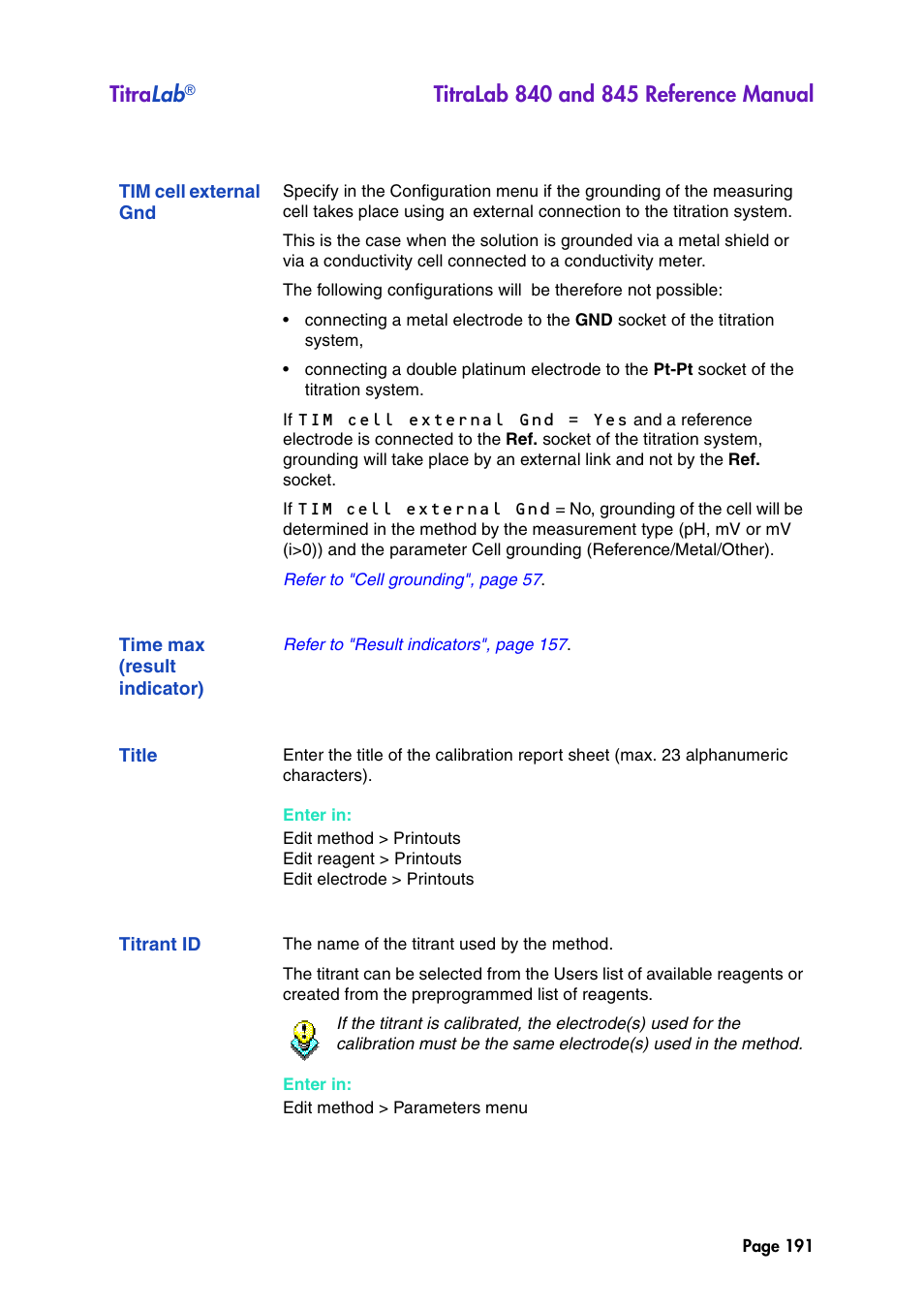Tim cell external gnd, Time max (result indicator), Title | Titrant id, Titra lab | Hach-Lange TITRALAB 840_845 Reference Manual User Manual | Page 191 / 214