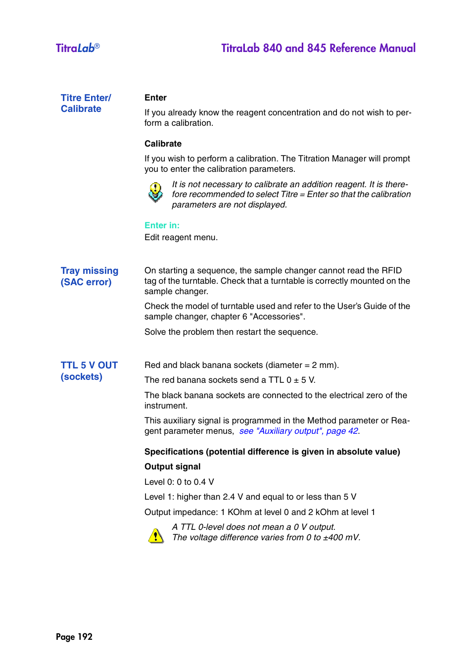 Titre enter/ calibrate, Tray missing (sac error), Ttl 5 v out (sockets) | Titre enter/calibrate, Titra lab | Hach-Lange TITRALAB 840_845 Reference Manual User Manual | Page 192 / 214