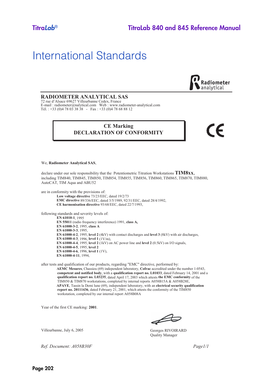 International standards, Titra lab, Radiometer analytical sas | Ce marking declaration of conformity | Hach-Lange TITRALAB 840_845 Reference Manual User Manual | Page 202 / 214