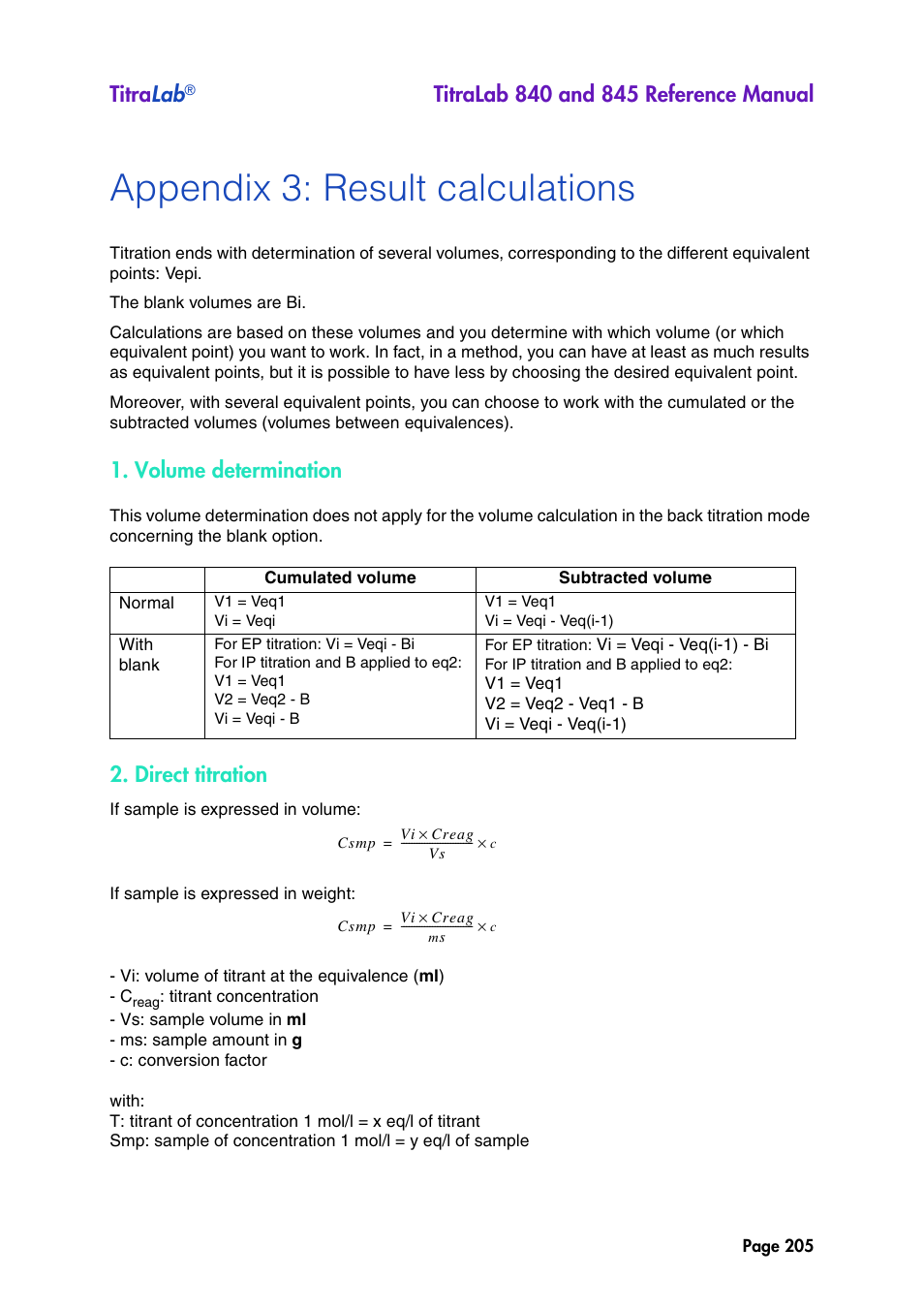 Appendix 3: result calculations, Titra lab, Volume determination | Direct titration | Hach-Lange TITRALAB 840_845 Reference Manual User Manual | Page 205 / 214