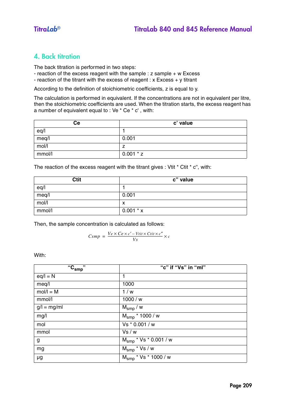 Titra lab, Back titration | Hach-Lange TITRALAB 840_845 Reference Manual User Manual | Page 209 / 214