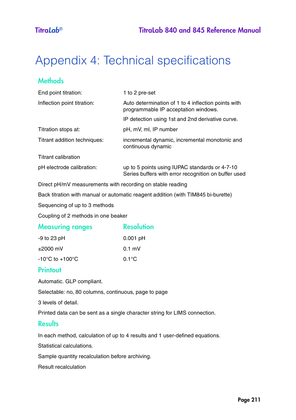 Appendix 4: technical specifications, Titra lab, Methods | Measuring ranges resolution, Printout, Results | Hach-Lange TITRALAB 840_845 Reference Manual User Manual | Page 211 / 214