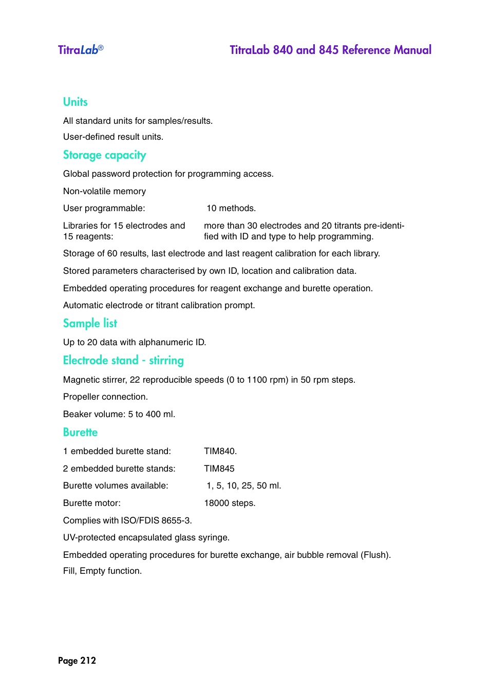 Titra lab, Units, Storage capacity | Sample list, Electrode stand - stirring, Burette | Hach-Lange TITRALAB 840_845 Reference Manual User Manual | Page 212 / 214