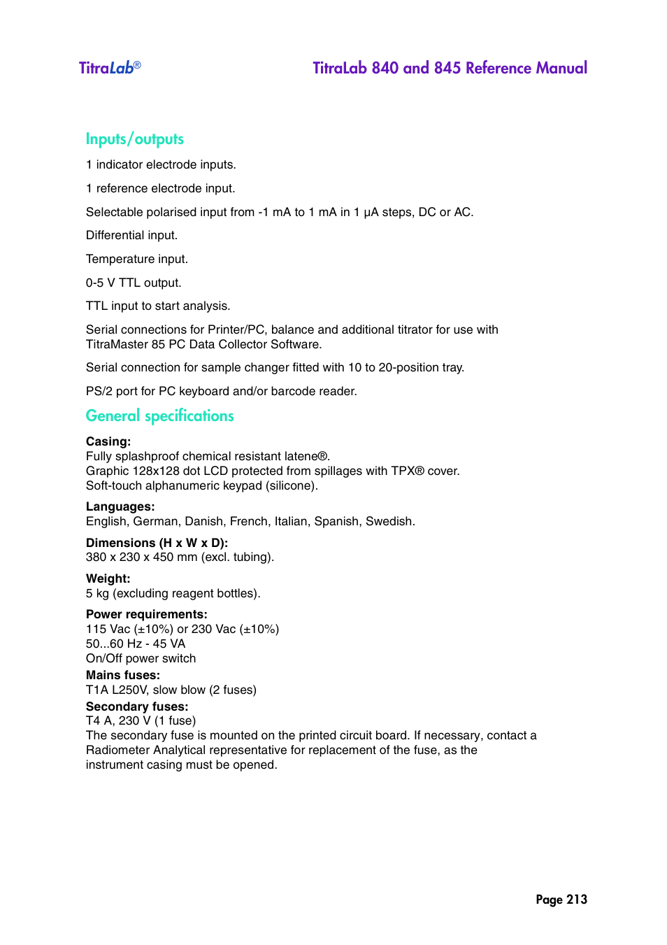 Titra lab, Inputs/outputs, General specifications | Hach-Lange TITRALAB 840_845 Reference Manual User Manual | Page 213 / 214