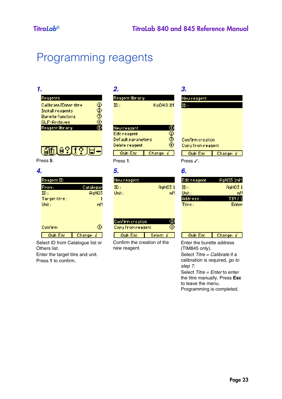 Programming reagents | Hach-Lange TITRALAB 840_845 Reference Manual User Manual | Page 23 / 214