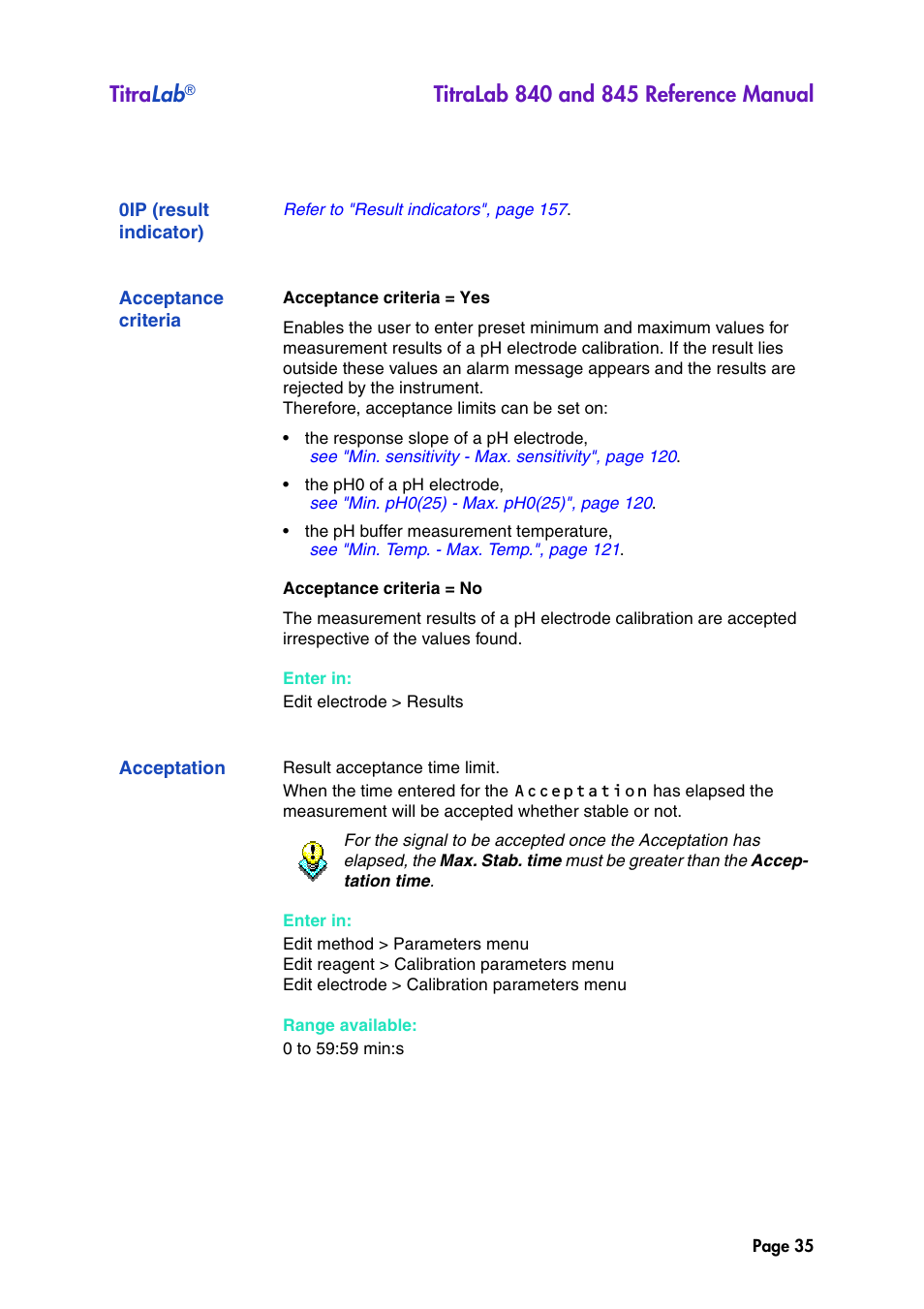 0ip (result indicator), Acceptance criteria, Acceptation | Titra lab | Hach-Lange TITRALAB 840_845 Reference Manual User Manual | Page 35 / 214