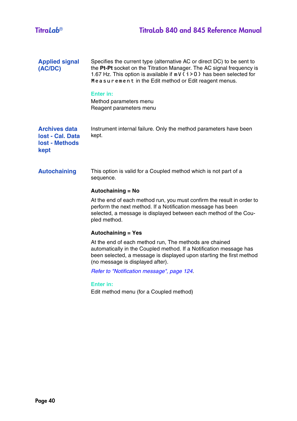 Applied signal (ac/dc), Archives data lost - cal. data lost - methods kept, Autochaining | Titra lab | Hach-Lange TITRALAB 840_845 Reference Manual User Manual | Page 40 / 214